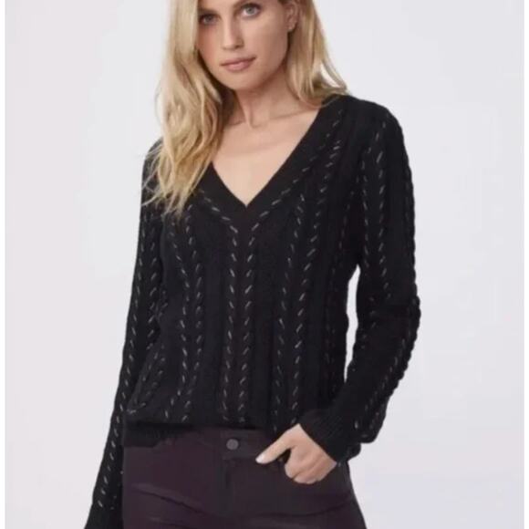 Paige Black Silver Metallic V-neck Cable Knit Dorthea Sweater Small Punkcore - Picture 1 of 8